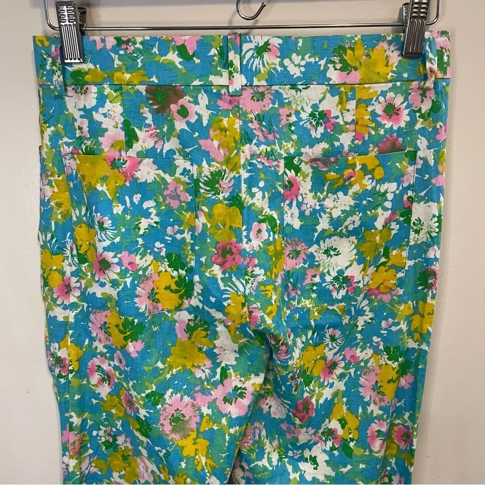 Zara Pants Blue Floral Linen Blend Flare Cropped Boho Festival Hippie